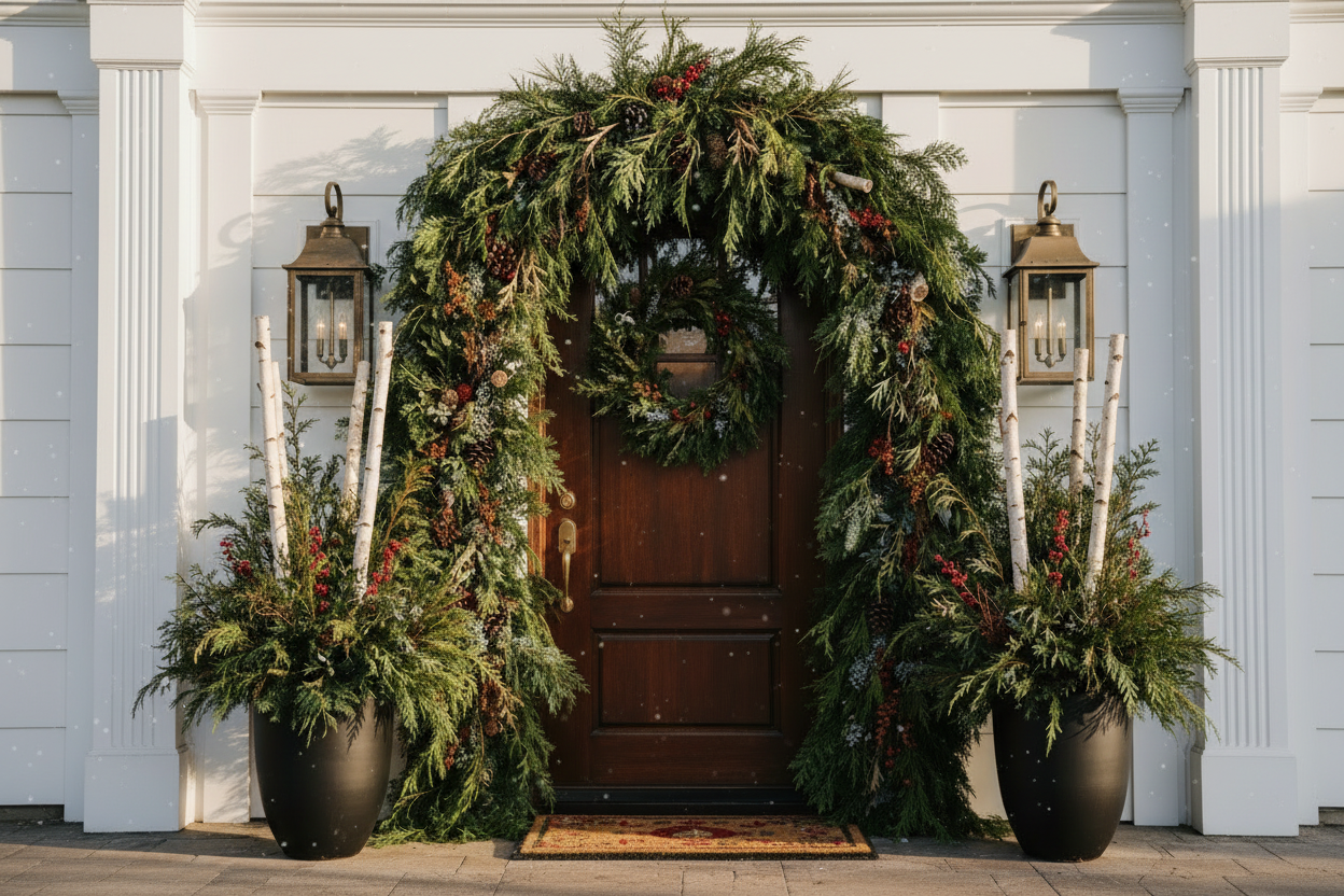 festive christmas winter holiday evergreen garland with 2 lush festive decorated porch containers 